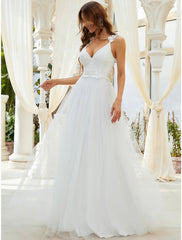 Reception Simple Wedding Dresses A-Line Sweetheart V Wire Regular Straps Sweep / Brush Train Tulle Bridal Gowns With Crystals