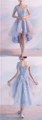 Grey High Low Lace Applique Round Neckline Prom Dresses, Homecoming Dresses, Lace-up Party Dresses