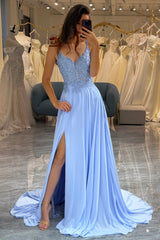 Sparkly Lavender Long Beaded Prom Dress With Appliques V-neck With Slit