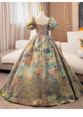 Vintage Court Retro Style Sweet 16 Quinceanera 3D Flowers Short-sleeved Evening Dress Long Ball Gown HZ1024