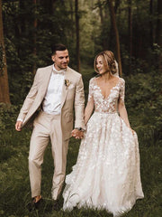 Romantic A-line Wedding Dresses With Long Sleeves Lace Bridal Gowns Elegant