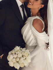 Two Piece One Shoulder Long Sleeve Floor Length Satin Bridal Gowns With Sash Wedding Dresses / Ribbon Beading