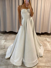 Simple A line satin long prom dress, long evening dress