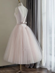 Simple round neck satin short prom dress, pink tulle bridesmaid dress