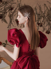 A-Line Square Neckline Puff Sleeves Satin Burgundy Prom Dress, Tea Length Bridesmaid Dress