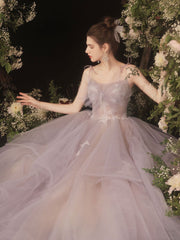 Pink tulle lace long prom dress, tulle formal dress