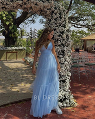 A Line Simple V-Neck Light Blue Tulle Long formal dresses Bridesmaid Dresses evening gown Prom Dress