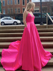 Simple pink v neck satin long prom dress, pink satin evening dress