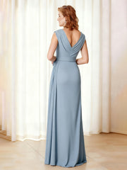 Ruched V-Neck Maxi Gown with High Slit and Cap Sleeves Dusty Blue