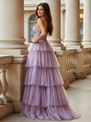 Spaghetti Strap Dress with Ruffled Skirt and High Slit Lilac
