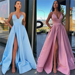 A Line Satin V Neck Burgundy 2024 Prom Dresses Spaghetti Straps
