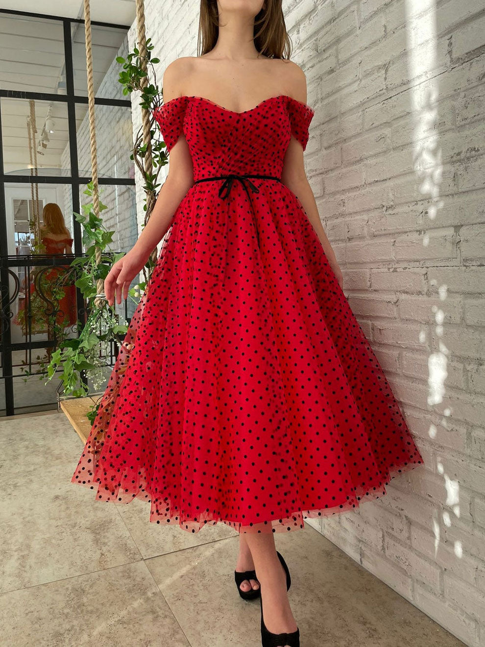 A line Off Shoulder Burgundy Prom Dresses, Tea Length Burgundy Homecoming Dresses