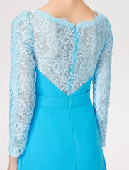 A-Line Ball Gown Scoop Neck Floor Length Chiffon Lace Mother of the Bride Dress with Sash