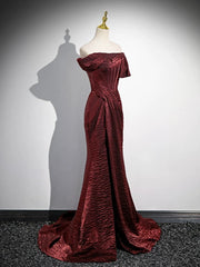 Simple Off Shoulder Burgundy Long Prom Dress, Burgundy Long Formal Dress