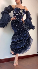 Prom Dress Dark Navy Spaghetti Straps Mermaid Layers Ruffles Sexy Evening Dress Birthday Outfits, HZ0319