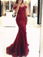 Custom Made Off Shoulder Mermaid Burgundy Lace Prom Dress, Burgundy Lace Bridesmaid Dress, Formal Dress