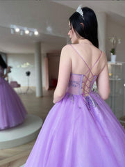 Purple A line tulle lace long prom dress, purple tulle formal dress