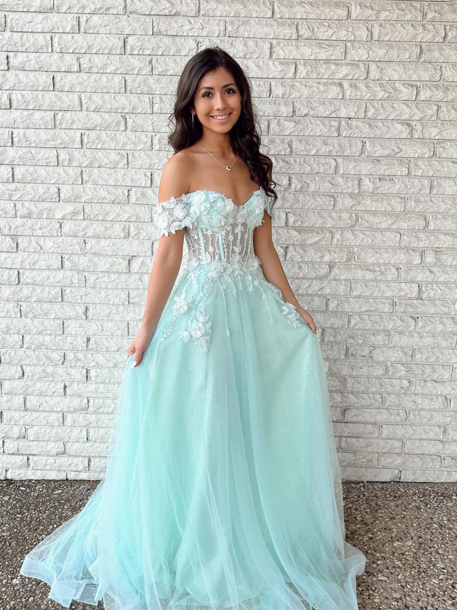 Green off shoulder lace long prom dress, green evening dress