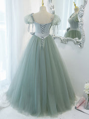 Green tulle off shoulder long prom dress, green tulle formal dress