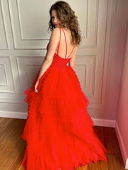 Red v neck high low lace tulle prom dress, tulle lace evening dress
