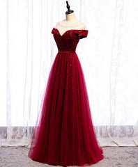Glam Wine Red Tulle with Velvet Long Party Dress, Dark Red Formal Dress Prom Dress