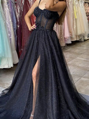 Black tulle sequin long prom dress, black tulle evening dress