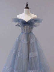 Blue tulle off shoulder long prom dress, blue tulle formal dress