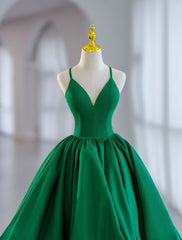 V Neck Satin Green Prom Dress, Green Formal Evening Dresses