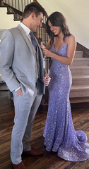 Purplr V Neck Sequins Mermaid Long Prom Dress Evening Dress  SH1173