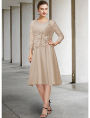 DingjiTwo Piece A-Line Mother of the Bride Dress Elegant Jewel Neck Knee Length Chiffon Lace 3/4 Length Sleeve with Bow(s) Appliques