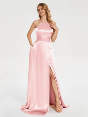 Thin shoulder strap soft satin and floor length bridesmaid dress