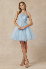 Lace applique short illusion hanging neck dress