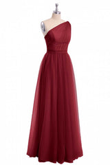 Wine Red TuLle One-Shoulder A-Line Bruidsmeisje Jurk