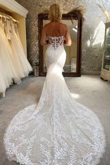 Ivory Lace Strapless Trumpet Long Wedding Dress