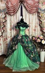 Green Off Shoulder A-Line Embroidery Tulle Long Evening Dress Birthday Ball Gown, HZ0319