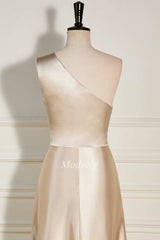 Champagne One-Shoulder A-Line Long Dress