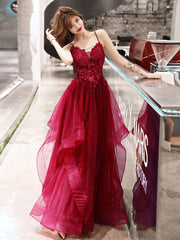 Burgundy v neck tulle lace long prom dress, burgundy evening dress