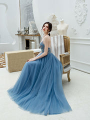 Blue backless tulle long prom dress, blue tulle formal dress