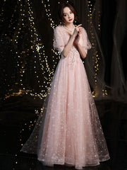 Pink tulle lace long prom dress, pink tulle evening dress