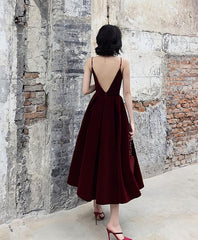 Eenvoudige Bourgondische thee -lengte prom -jurk, Bourgondische bruidsmeisje jurk