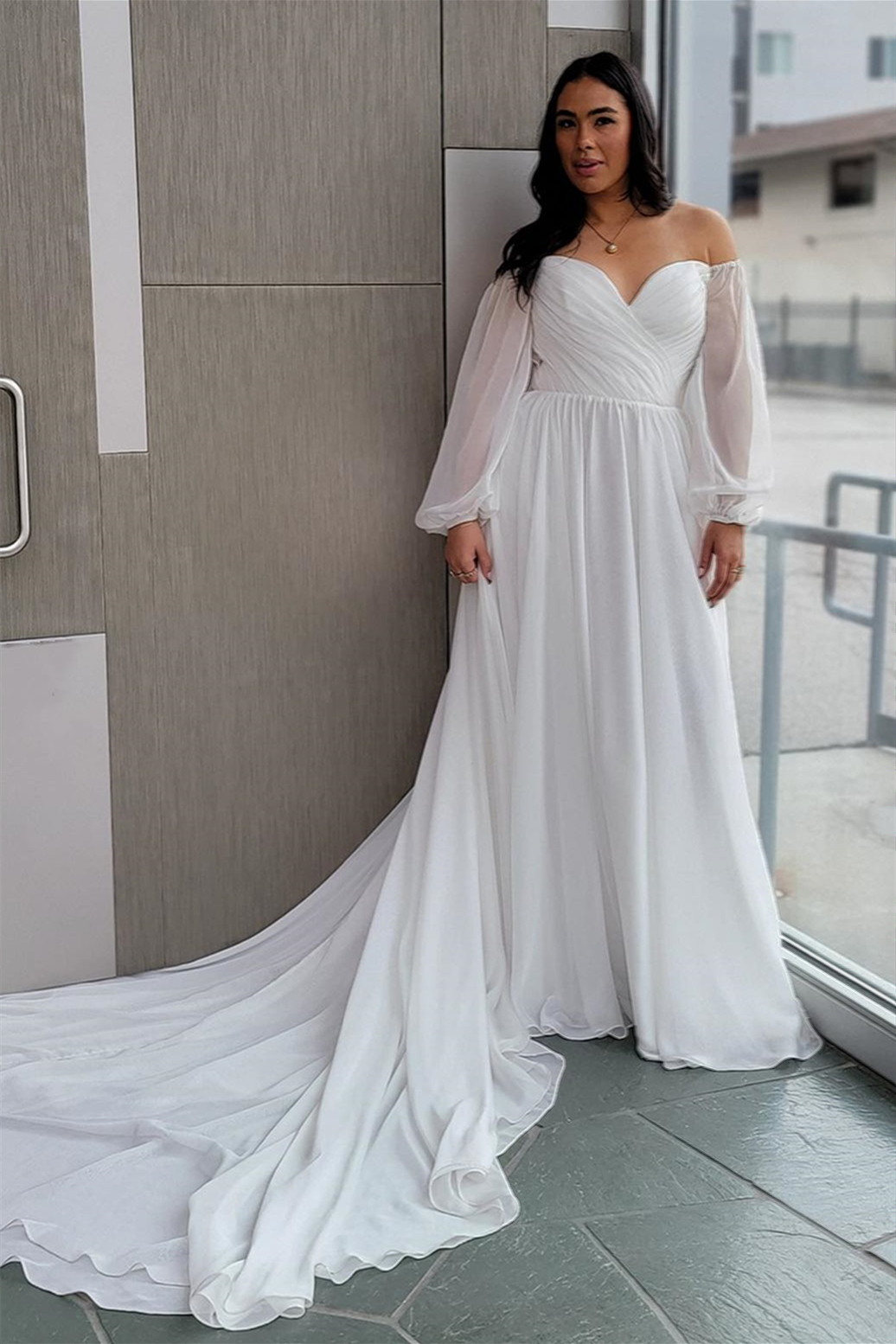 White Off-the-Shoulder Chiffon Long Sleeves Long Wedding Dress
