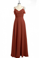 Roest oranje chiffon riemen gegolfd a-line bruidsmeisje jurk