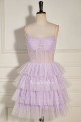 Lavender Tulle Sequin Strapless Tiered Short Party Dress with Ruffles