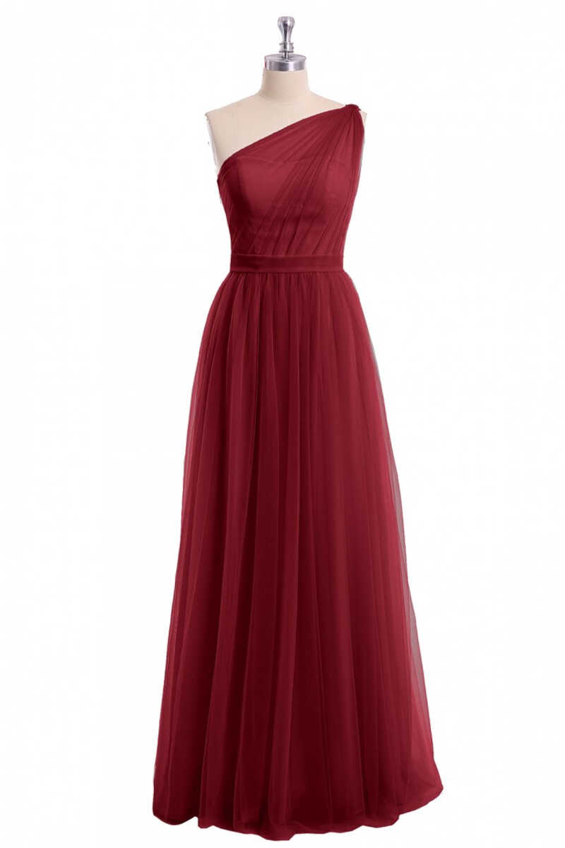Wine Red TuLle One-Shoulder A-Line Bruidsmeisje Jurk