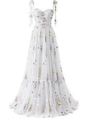 A-line Sleeves Straps Embroidery Tulle Prom Dress