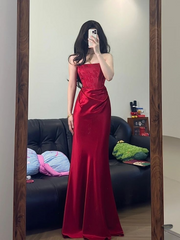 Sexy Red Strapless Mermaid Satin Long Evening Dresses Birthday Party Dresses, HZ0319