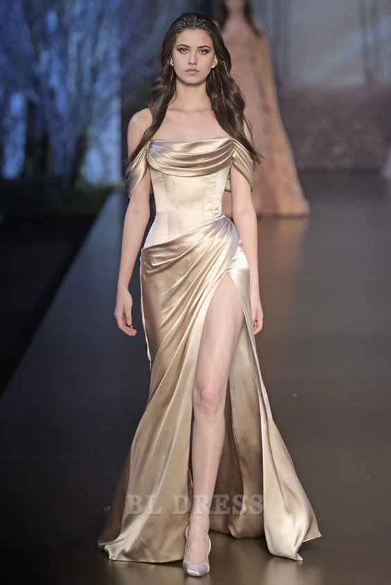 Sheath Elegant Off The Shoulder Satin Champagne Slit formal dresses Bridesmaid Dresses evening gown Prom Dress