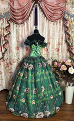 Green Off Shoulder A-Line Embroidery Tulle Long Evening Dress Birthday Ball Gown, HZ0319