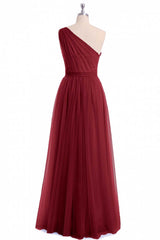 Wine Red TuLle One-Shoulder A-Line Bruidsmeisje Jurk