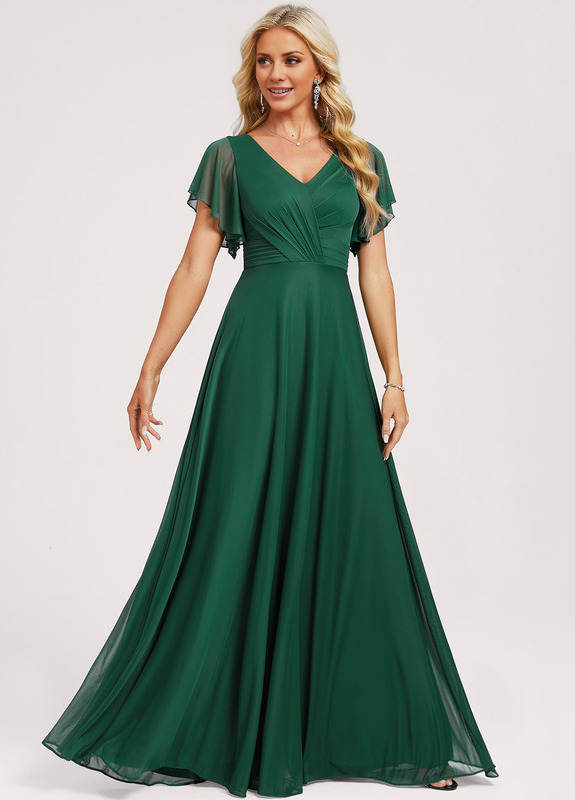 Ruffled A-line V-neck Floor-length Mesh Bridesmaids Dress